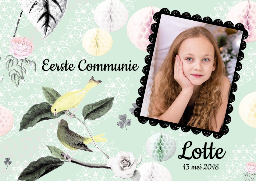 Uitnodiging Communie met lieve vogeltjes en aanpasbare foto - Communiekaarten Communiekaarten - Uitnodiging Communie met lieve vogeltjes en aanpasbare foto