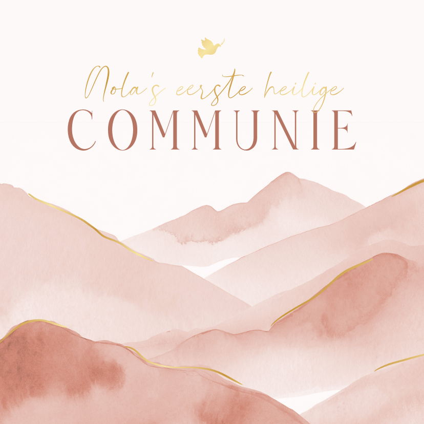 Uitnodiging communie met roze landschap en goud duifje - Communiekaarten Communiekaarten - Uitnodiging communie met roze landschap en goud duifje