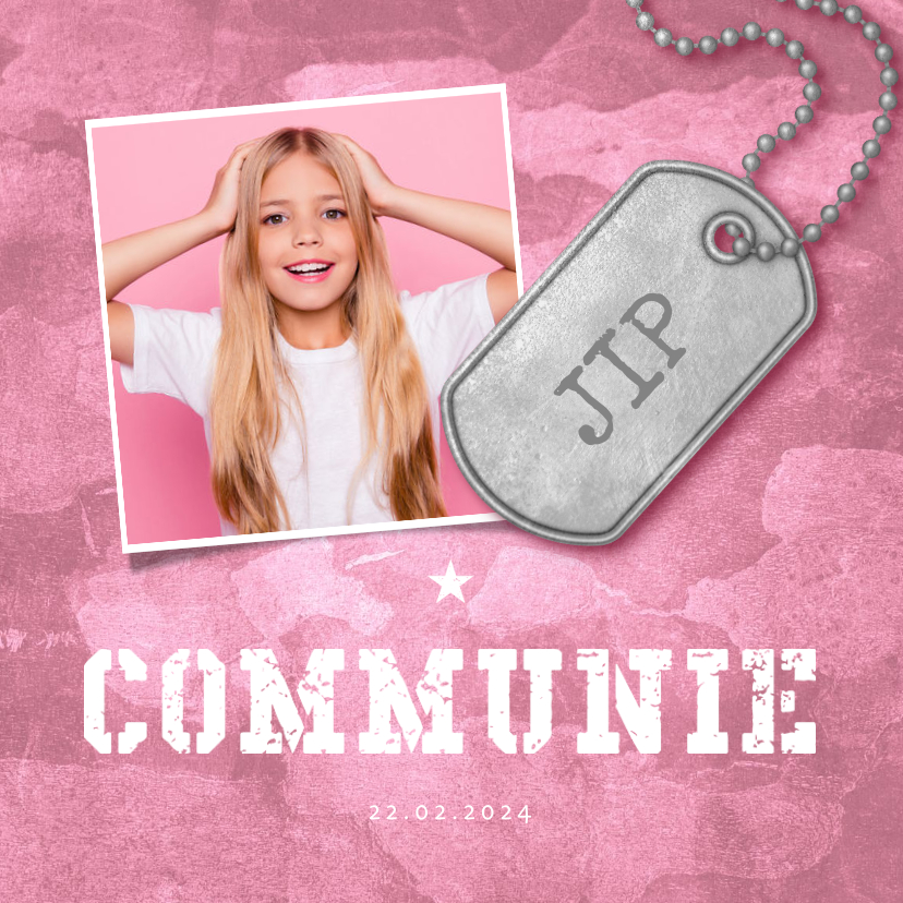Communiekaarten - Uitnodiging communie roze stoer met foto en legerplaatje