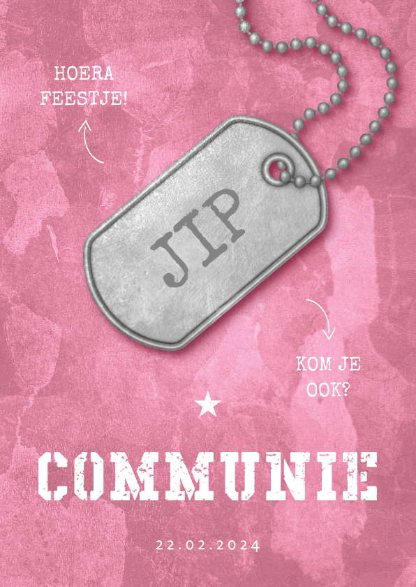 Communiekaarten - Uitnodiging communie roze stoer met legerplaatje
