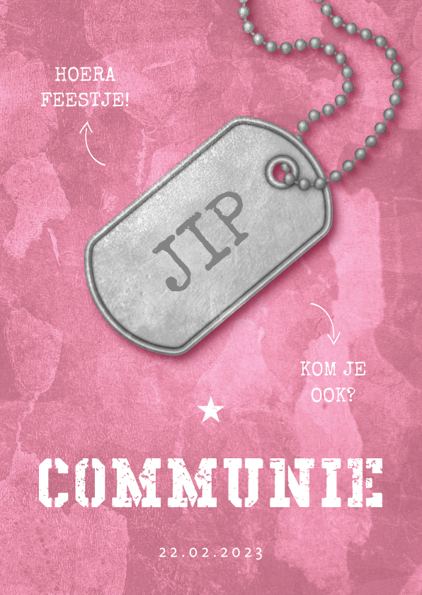 Uitnodiging communie roze stoer met legerplaatje - Communiekaarten Communiekaarten - Uitnodiging communie roze stoer met legerplaatje