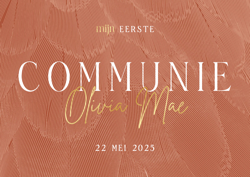 Communiekaarten - Uitnodiging communie stijlvol met veren terracotta