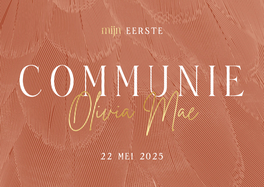 Uitnodiging communie stijlvol met veren terracotta - Communiekaarten Communiekaarten - Uitnodiging communie stijlvol met veren terracotta