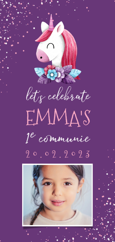 Communiekaarten - Uitnodiging communie unicorn met confetti en foto