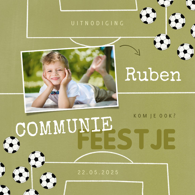 Communiekaarten - Uitnodiging communie voetbal en foto