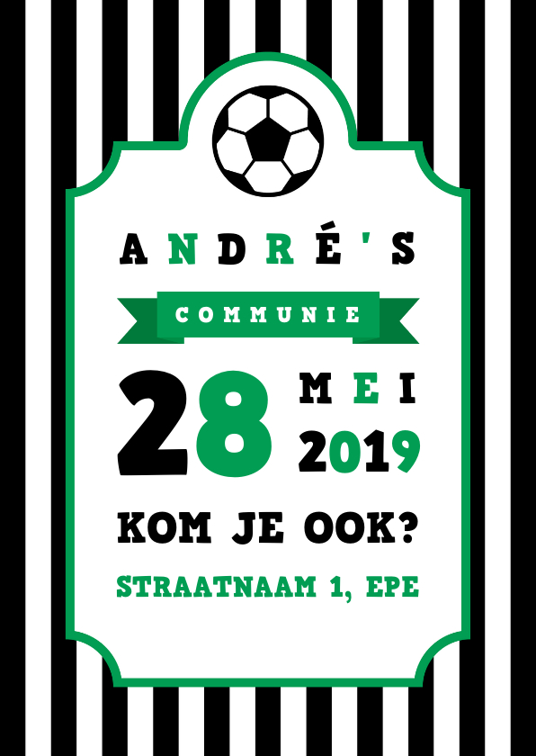Communiekaarten - Uitnodiging communie voetbal strepen met badge