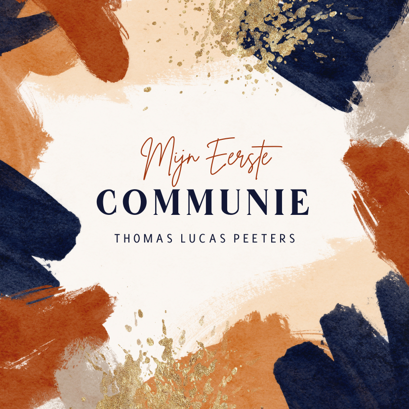 Communiekaarten - Uitnodiging communiefeest verf terra cotta blauw goud