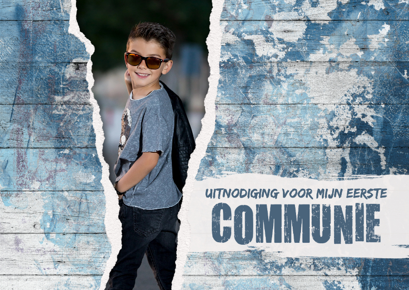 Communiekaarten - Uitnodiging eerste communie doorkijkje houtlook blauw stoer