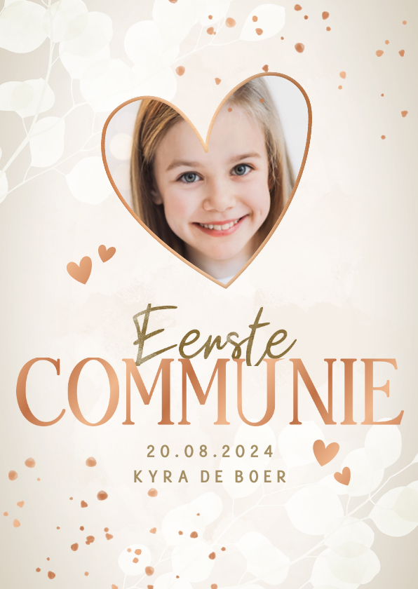 Uitnodiging eerste Communie eucalyptus koper spetters hartje - Communiekaarten Communiekaarten - Uitnodiging eerste Communie eucalyptus koper spetters hartje