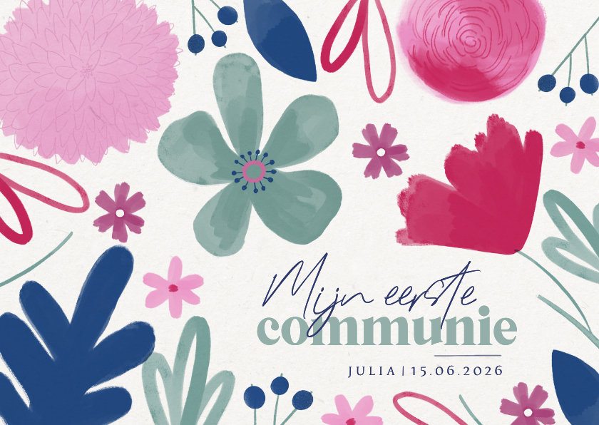 Communiekaarten - Uitnodiging eerste communie kleurrijke bloemen meisje