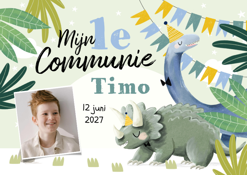 Uitnodiging eerste communie kleurrijke jungle dino's slinger - Communiekaarten Communiekaarten - Uitnodiging eerste communie kleurrijke jungle dino's slinger