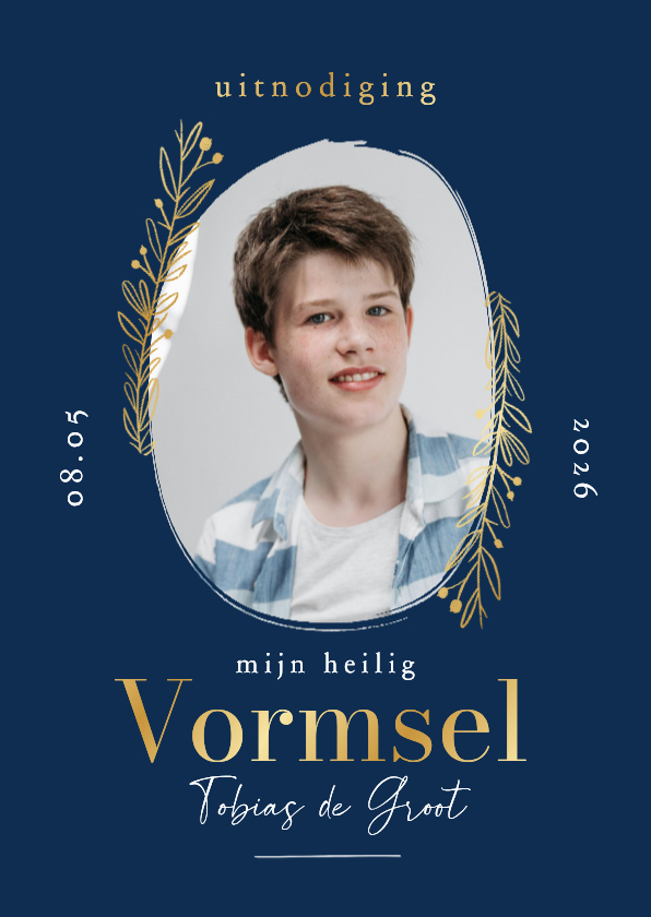 Uitnodiging heilig vormsel donkerblauw gouden takjes en foto - Communiekaarten Communiekaarten - Uitnodiging heilig vormsel donkerblauw gouden takjes en foto