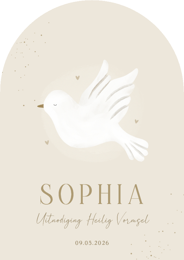 Uitnodiging heilig vormsel duif beige hartjes boog vorm - Communiekaarten Communiekaarten - Uitnodiging heilig vormsel duif beige hartjes boog vorm