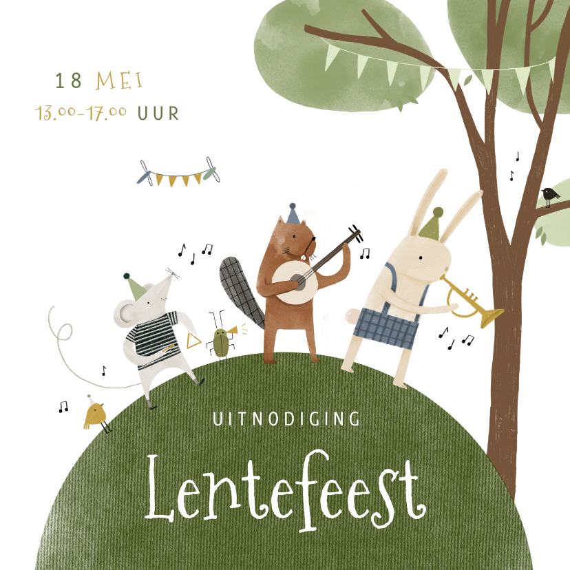 Uitnodiging lentefeest bosdiertjes muziekinstrumenten - Communiekaarten Communiekaarten - Uitnodiging lentefeest bosdiertjes muziekinstrumenten