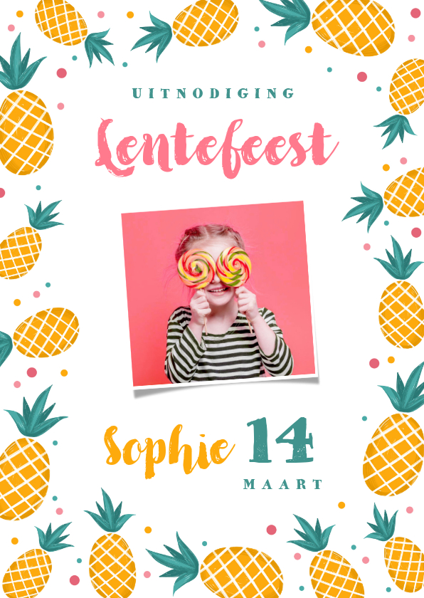Communiekaarten - Uitnodiging lentefeest communie meisje ananas confetti