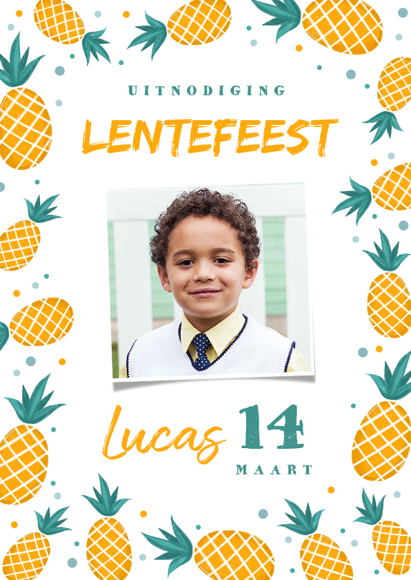 Communiekaarten - Uitnodiging lentefeest jongen ananas confetti foto