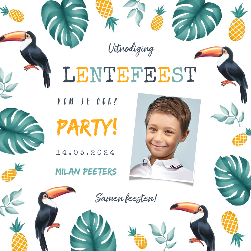 Communiekaarten - Uitnodiging lentefeest jongen tropical ananas toekan