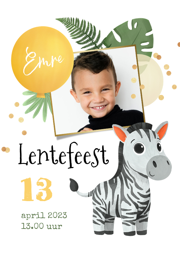 Uitnodiging lentefeest jungle zebra confetti ballonnen foto - Communiekaarten Communiekaarten - Uitnodiging lentefeest jungle zebra confetti ballonnen foto