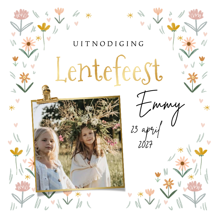 Uitnodiging lentefeest kleine veldbloemen hartjes foto clip - Communiekaarten Communiekaarten - Uitnodiging lentefeest kleine veldbloemen hartjes foto clip