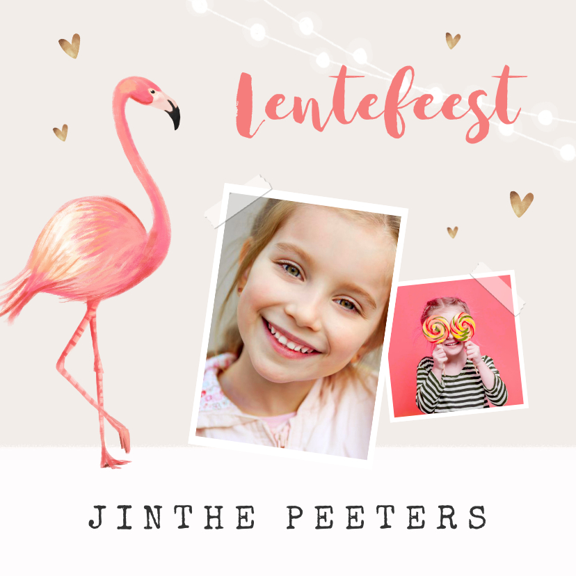 Communiekaarten - Uitnodiging lentefeest meisje flamingo gouden hartjes