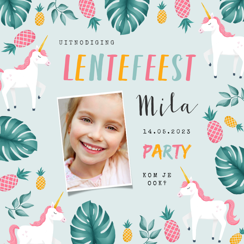 Uitnodiging lentefeest meisje hip tropical unicorn ananas - Communiekaarten Communiekaarten - Uitnodiging lentefeest meisje hip tropical unicorn ananas