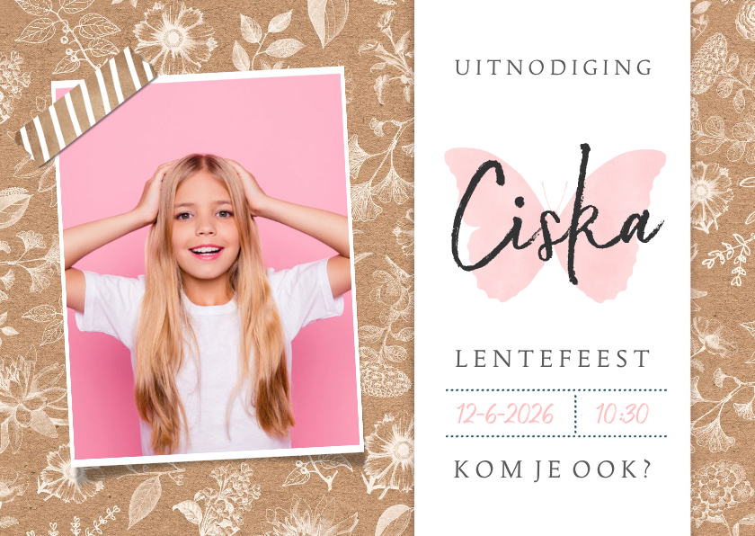 Uitnodiging lentefeest met bloemen, vlinder en foto - Communiekaarten Communiekaarten - Uitnodiging lentefeest met bloemen, vlinder en foto