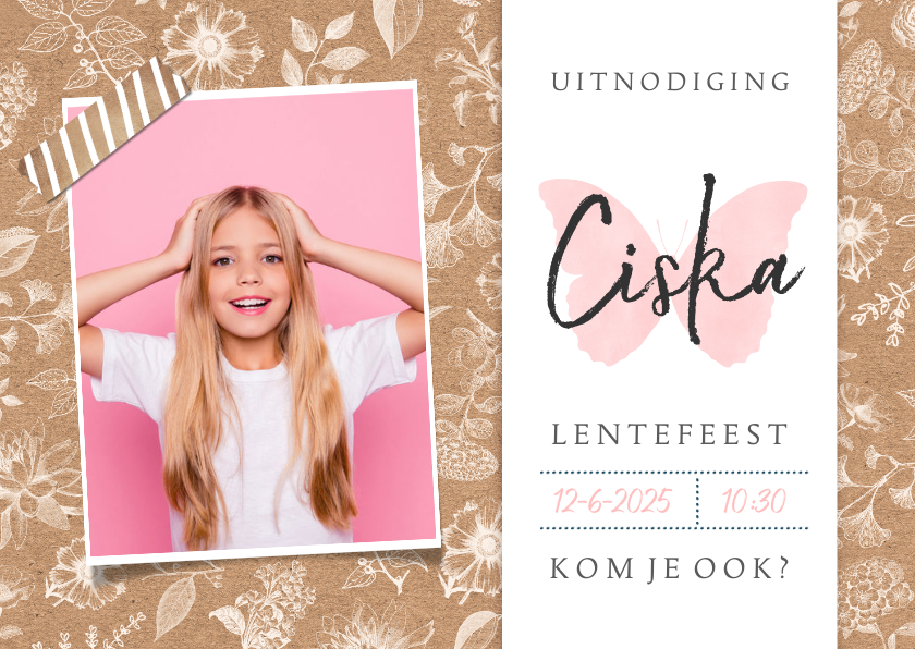 Communiekaarten - Uitnodiging lentefeest met bloemen, vlinder en foto