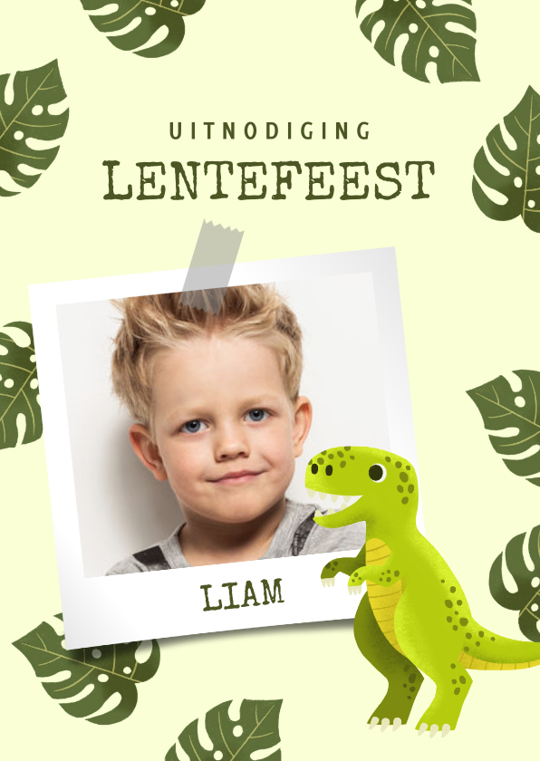 Communiekaarten - Uitnodiging lentefeest met dinosaurus, bladeren en foto