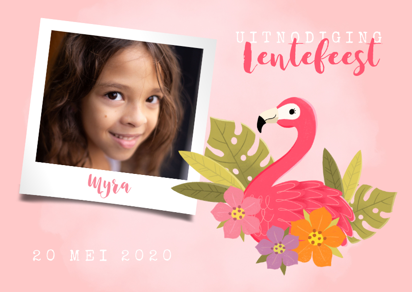 Communiekaarten - Uitnodiging lentefeest met flamingo, bloemen en foto