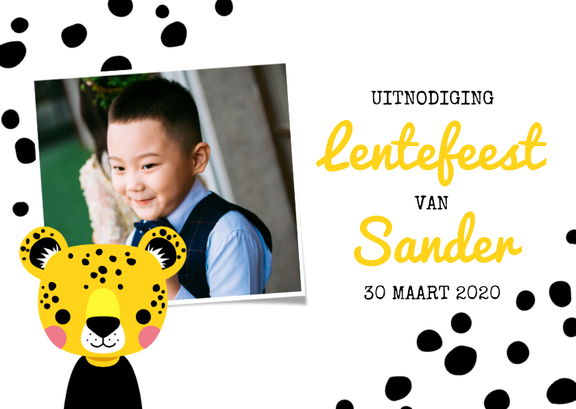 Communiekaarten - Uitnodiging lentefeest met luipaard, stippen en foto