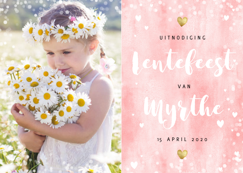 Communiekaarten - Uitnodiging lentefeest roze waterverf gouden hartjes en foto
