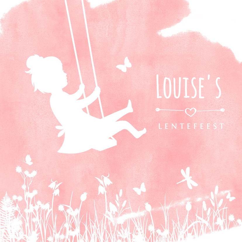 Communiekaarten - Uitnodiging lentefeest silhouet meisje op schommel waterverf