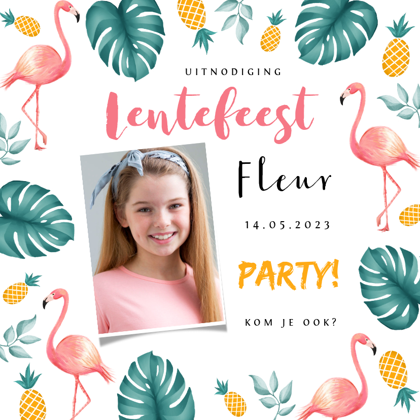 Uitnodiging lentefeest tropical hawaii flamingo ananas - Communiekaarten Communiekaarten - Uitnodiging lentefeest tropical hawaii flamingo ananas