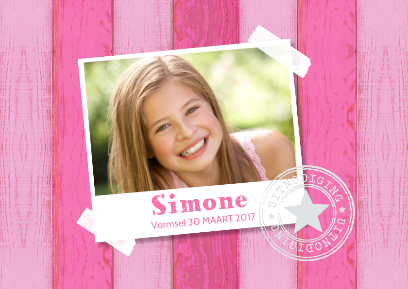 Uitnodiging vormsel foto houtprint roze - Communiekaarten Communiekaarten - Uitnodiging vormsel foto houtprint roze