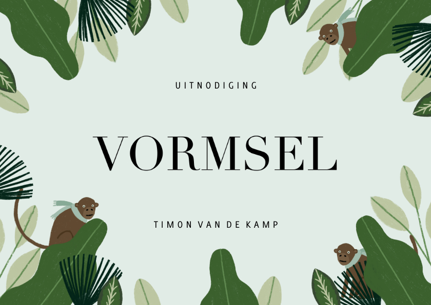 Uitnodiging Vormsel hip met jungle planten en aapjes - Communiekaarten Communiekaarten - Uitnodiging Vormsel hip met jungle planten en aapjes