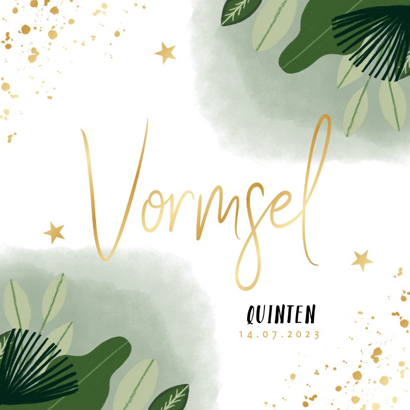 Uitnodiging vormsel hip met planten en gouden spetters - Communiekaarten Communiekaarten - Uitnodiging vormsel hip met planten en gouden spetters