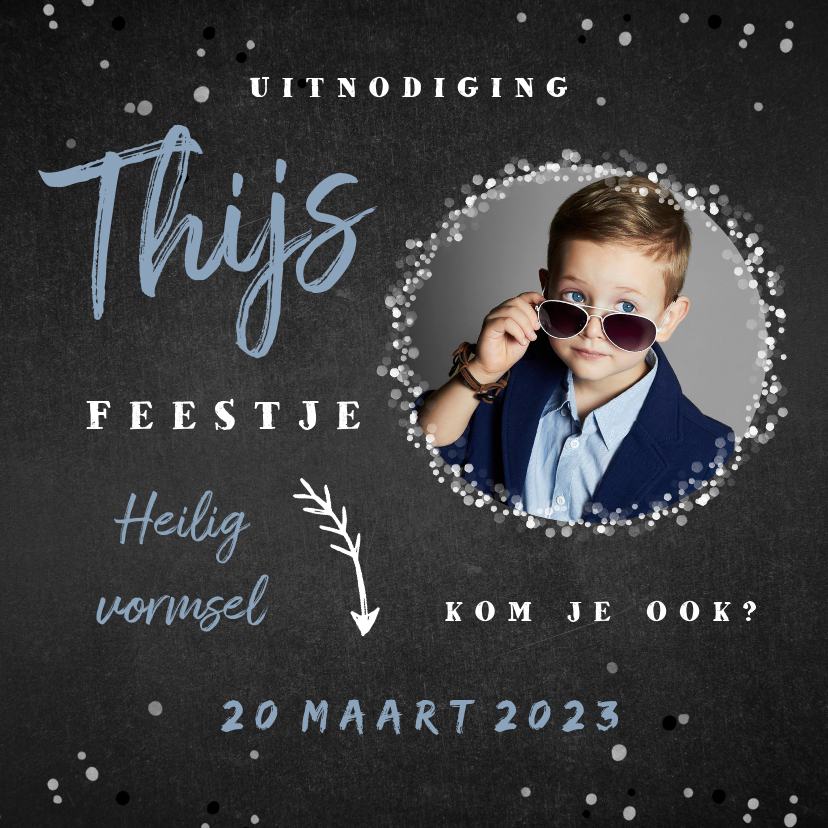Uitnodiging vormsel jongen confetti foto krijtbord - Communiekaarten Communiekaarten - Uitnodiging vormsel jongen confetti foto krijtbord