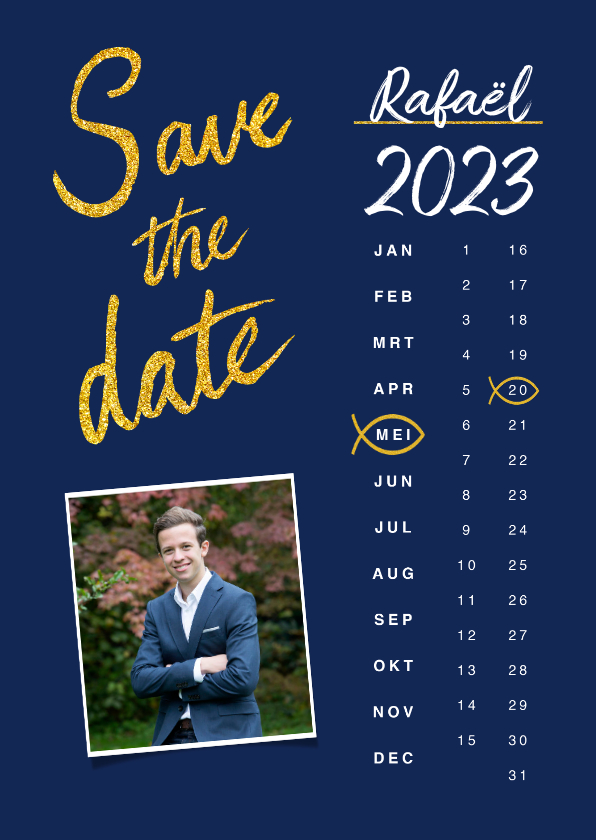 Communiekaarten - Uitnodiging vormsel jongen save the date goud kalender