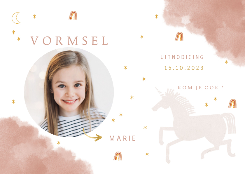 Uitnodiging vormsel lief met unicorn en regenbogen - Communiekaarten Communiekaarten - Uitnodiging vormsel lief met unicorn en regenbogen