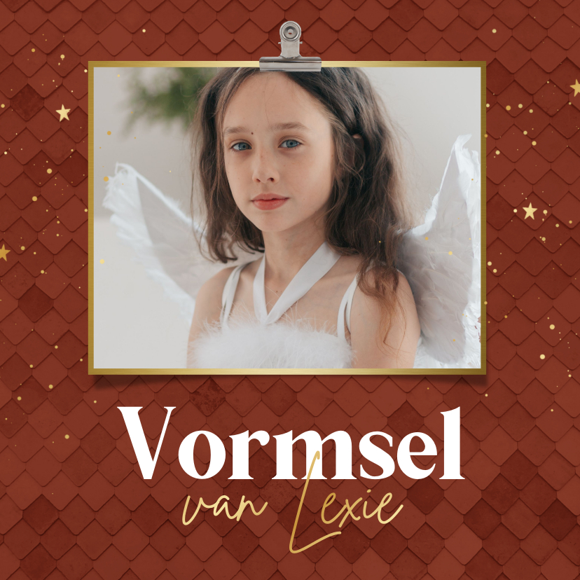 Uitnodiging Vormsel roestbruin met patroon en foto - Communiekaarten Communiekaarten - Uitnodiging Vormsel roestbruin met patroon en foto