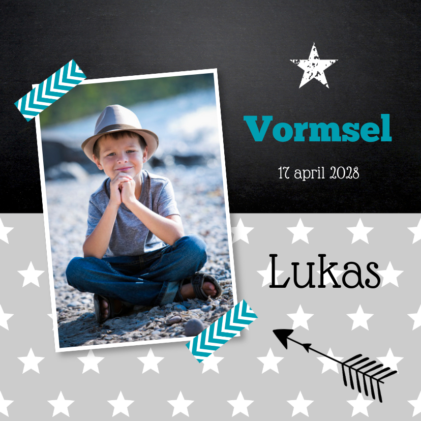 Uitnodiging vormsel sterren grijs foto jongen - Communiekaarten Communiekaarten - Uitnodiging vormsel sterren grijs foto jongen