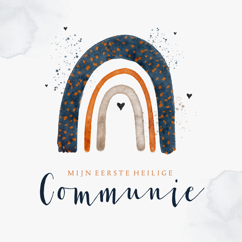 Communiekaarten - Uitnodigingskaart communie regenboog waterverf hartjes