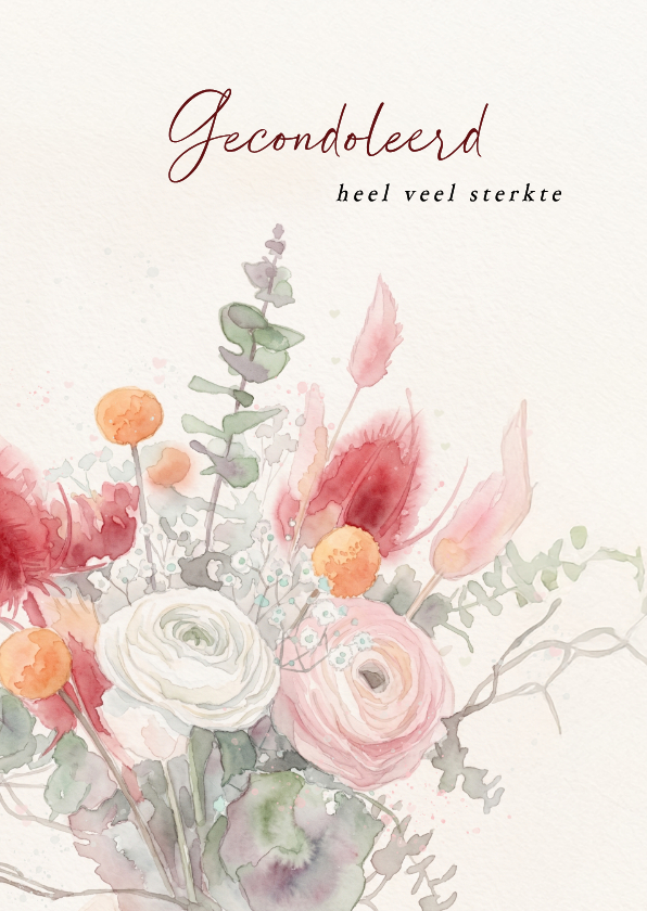 Aquarel condoleancekaart met boeket roze bloemen - Condoleancekaarten Condoleancekaarten - Aquarel condoleancekaart met boeket roze bloemen