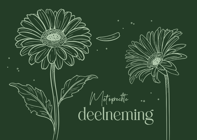 Condoleancekaarten - Condoleance bloemen gerbera line art verlies groen stijlvol