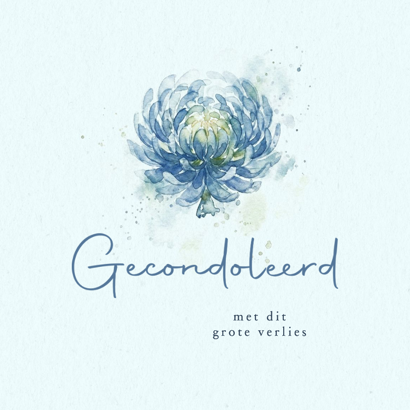Condoleancekaarten - Condoleance kaart met blauwe aquarel chrysant