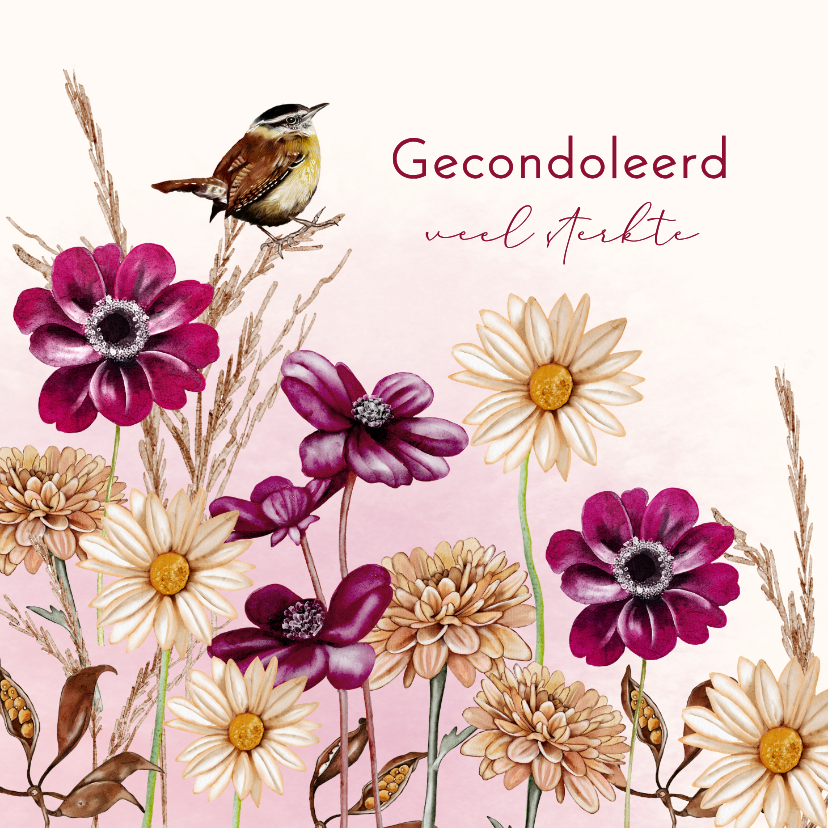 Condoleancekaart bloemen met vogeltje - Condoleancekaarten Condoleancekaarten - Condoleancekaart bloemen met vogeltje