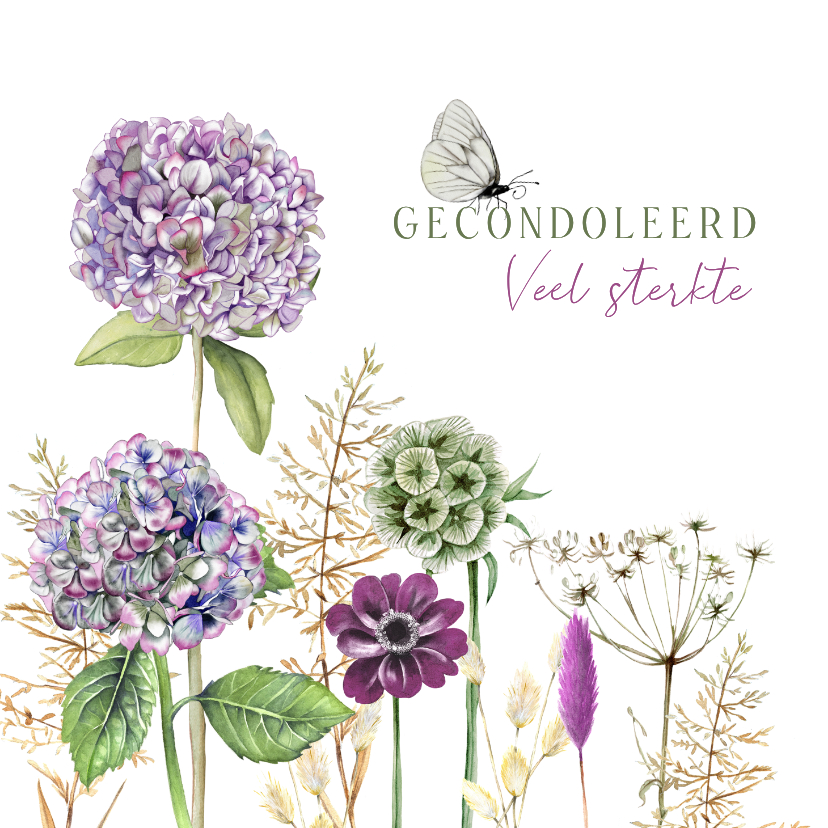 Condoleancekaarten - Condoleancekaart hortensia's met vlinder