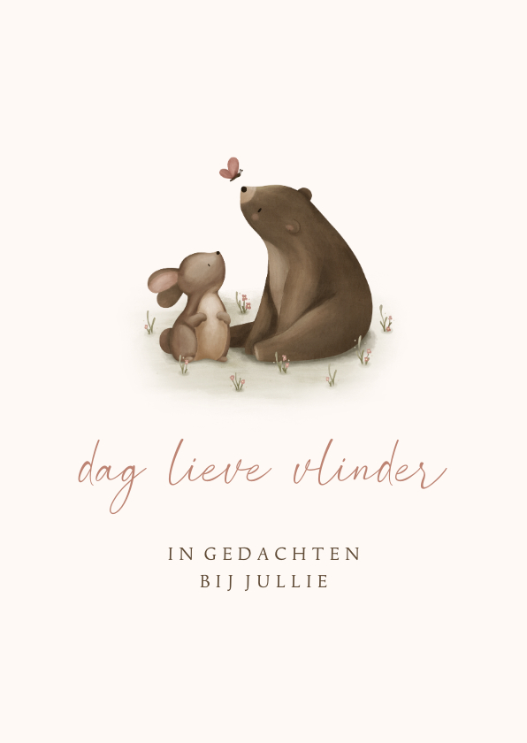 Condoleancekaart met beertje, konijn en roze vlinder - Condoleancekaarten Condoleancekaarten - Condoleancekaart met beertje, konijn en roze vlinder