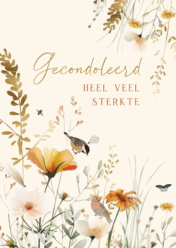 Condoleancekaart met veldbloemen en vogels - Condoleancekaarten Condoleancekaarten - Condoleancekaart met veldbloemen en vogels