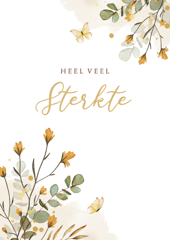 Condoleancekaart sterkte bloemen geel vlinders waterverf - Condoleancekaarten Condoleancekaarten - Condoleancekaart sterkte bloemen geel vlinders waterverf